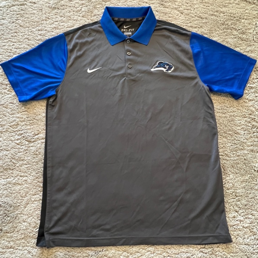 Nike Dri-Fit Men's Gray and Blue Polo Shirt with Blue Raider logo